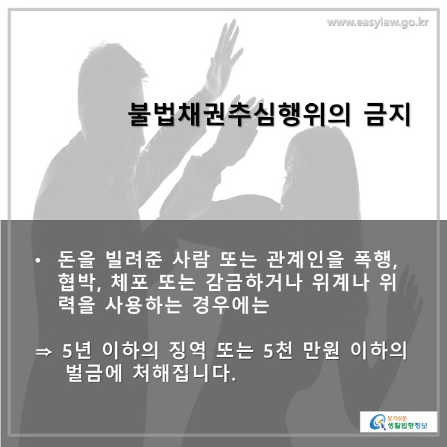 불법채권추심행위의 금지 • 돈을 빌려준 사람 또는 관계인을 폭행, 협박, 체포 또는 감금하거나 위계나 위력을 사용하는 경우에는 ⇒ 5년 이하의 징역 또는 5천만원 이하의 벌금에 처해집니다.